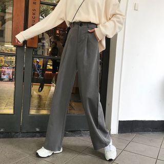 monroll High-Waist Wide-Leg Pants | YesStyle Loose Pants Outfit, Trouser Outfit, High Waist Wide Leg Pants, Fitted Dress Pants, Spring Wear, Ruffles Fashion, Grey Trousers, Pants Casual, Grey Pants