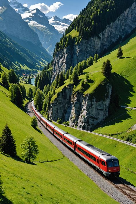 The Most Scenic Train Rides in Switzerland You Need to Take! Scenic Train Rides Europe, Train Through Switzerland, Swiss Alps Train, Trains In Europe, Switzerland Train Ride, Bernina Express Switzerland, Swiss Alps Aesthetic, Train Switzerland, Switzerland Train