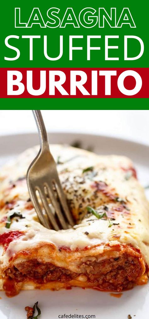 Lasagna Stuffed Burritos is a fun twist between a burrito and lasagna. A simple and easy weeknight dinner idea that will win over kids and adults. #lasagna #stuffed #burrito #dinner #recipe #cheese #cheesy Lasagna Burrito, Burrito Lasagna, Flour Tortilla Recipe Mexican, Stuffed Burritos, Lasagna Meat Sauce, Recipes With Flour Tortillas, Recipe Mexican, Cafe Delites, Flour Tortilla