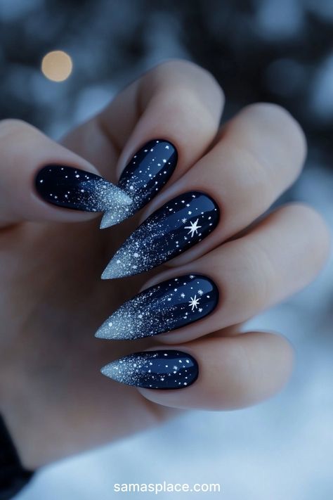 Sparkly Winter Nails Acrylic, Jack Frost Nails, Winter Nails 2024 Trends Acrylic Almond, New Years Stilleto Nails, Yule Nails Winter, Tip And Dip Nails, Christmas Nail 2024, Gothic Winter Nails, Winter Nail Designs 2024