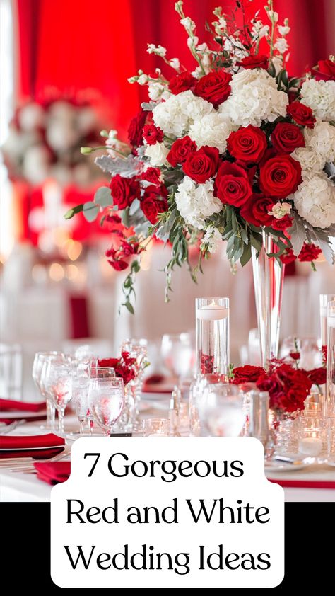 A beautiful red and white wedding setup featuring elegant décor, flowers, and table settings, perfect for an unforgettable celebration. Red And White Roses Centerpieces, White And Red Flower Arrangements, Red Theme Wedding Decor, Red And White Wedding Bouquets, Wedding Red Theme, Red And White Wedding Theme, Wedding Decor Red Roses, Red And White Wedding Ideas, Traditional Wedding Theme