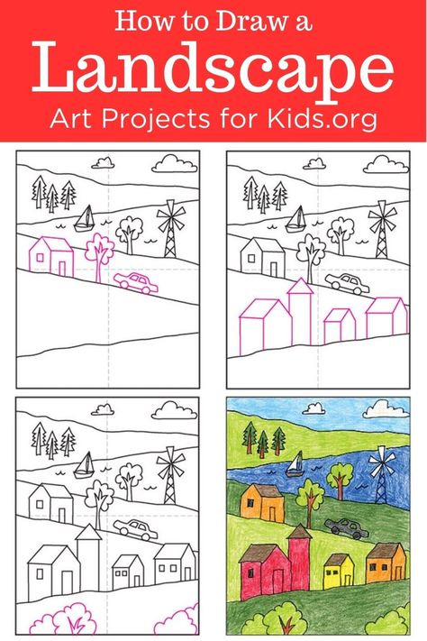 Learn how to draw a Landscape with an easy step-by-step PDF tutorial. #howtodraw #tutorial #drawing #drawingtutorial #arttutorial #artprojectsforkids #howtodrawforkids #landscapedrawing Step By Step Drawing Scenery, How To Draw A Landscape Step By Step, How To Draw Landscape Step By Step, How To Draw Things, How To Draw Tutorials Step By Step, Easy Landscape, Landscape Drawings Easy, Landscape Ideas Drawing, How To Draw Landscape