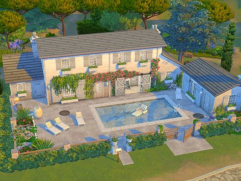 here is a cozy and bright country cottage for your Sims this lot has 3 bed and 2 bathrooms as well as a lovely pool area the size of the lot is 30 x 20 Sims 4 Houses Cottages, Sims 4 Lake House, Cottage Sims 4, Sims Layout, Ts4 Builds, Cottages With Pools, Cc Shopping, Sims Houses, Sims 4 House Design