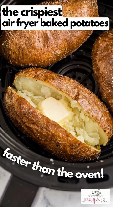 Experience the perfect balance of crispy skin and fluffy interior with this effortless Air Fryer Baked Potato recipe. Lightly seasoned to enhance its natural flavor, it's an ideal canvas for all your favorite toppings. Air Fryer Side Recipes, Air Fryer Baked Potato For One, Air Fry Bake Potatoes, Baked Potato In Ninja Air Fryer, How To Cook A Baked Potato In Air Fryer, Baked Potato Instant Pot Air Fryer, Air Dry Baked Potato, Airfryer Crispy Potatoes, Bakes Potatoes Air Fryer