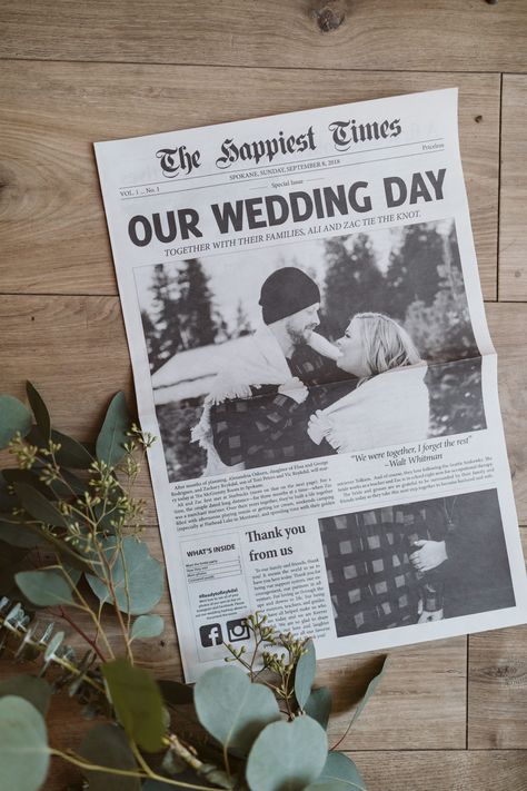 Wedding Table Programs, Wedding Day Post Newspaper, History Wedding, Newspaper On Table, Newspaper Theme Decor, Personalized Newspaper, Newspaper Themed Wedding, Newlywed Newspaper, Movie Inspired Wedding