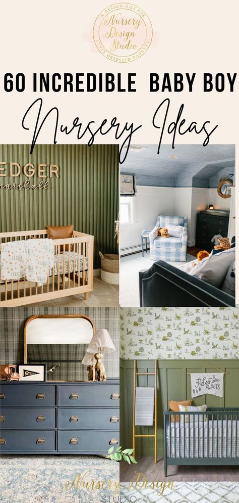 Ahead, we'll show you 60 of the most incredible baby boy nursery ideas that are sure to wow your friends and family. Olive Green And Blue Nursery, Nursery Dark Floors, Crib Color Ideas, Nursery Ideas Adventure, Moss Green Nursery, Boy Nursery Accent Wall Ideas, Green Baby Nursery Boy, 2025 Nursery Trends, Small Boy Nursery Ideas