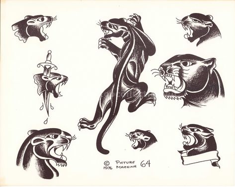 Picture Machine - 4 Traditional Panther Tattoo, Antique Tattoo, Black Panther Tattoo, Americana Tattoo, Vintage Tattoo Art, Vintage Tattoo Design, Medieval Drawings, Tattoo Themes, Panther Tattoo