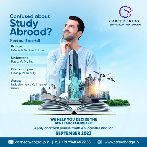 Navigating Study Abroad Choices? Let Our Experts Guide You. Connect with Career Bridge Group for Complimentary Counseling. Study In Germany Creative Ads, Study Abroad Ads, Immigration Meme, Study Abroad Poster Design, Study Abroad Creative Ads, Study Abroad Poster, Travel Advertising Design, Study Abroad Travel, Brand Colors Inspiration