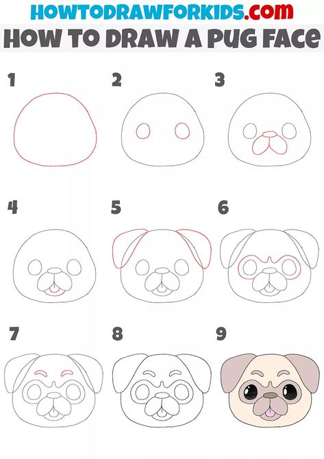 How to Draw a Pug Face - Easy Drawing Tutorial For Kids Pug Drawing Easy Step By Step, Simple Pug Drawing, How To Draw A Pug Step By Step, How To Draw A Pug, Pug Drawing Easy, Pug Face Drawing, Head Drawing Step By Step, Pug Dog Drawing, Draw A Pug