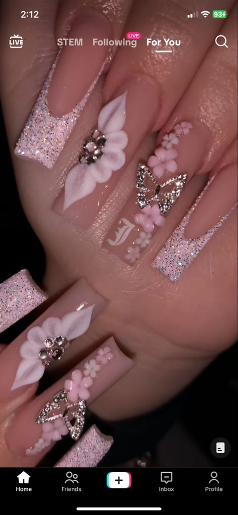 Simple But Extra Nails, Quinceanera Nails Butterfly, Quince Nails Rose Gold Butterfly, Blush Pink Nails Quincenera, Pink Quince Nails Butterfly, Quinceanera Rose Gold Nails, Enchanted Forest Nails Pink, Back To School Nails Long Square, Nails Acrylic Cute Designs