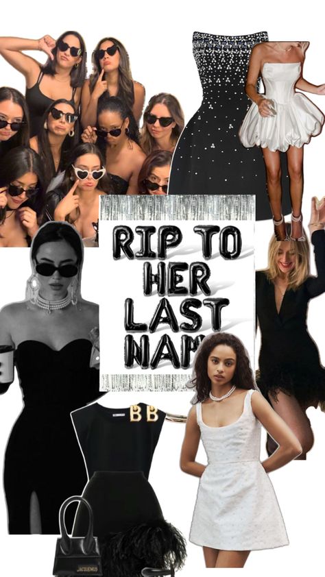 Bachelorette Going Out Themes, Rip To Her Last Name Bachelorette, Bachelorette Theme Night Outfits, Black And White Bachelorette Outfits, Bachelorette Outfit Ideas Group, Bachelorette Group Outfits, Bridal Party Outfits Bachelorette, Black And White Bachelorette Party, Black And White Bachelorette