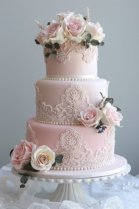 Pink Wedding Cakes, Pink Ruffle Cake, Square Wedding Cake, Quince Cakes, Blush Wedding Cakes, Birthday Cake Decorating Ideas, Pearl Cake, Quinceanera Cakes, Pink And White Weddings