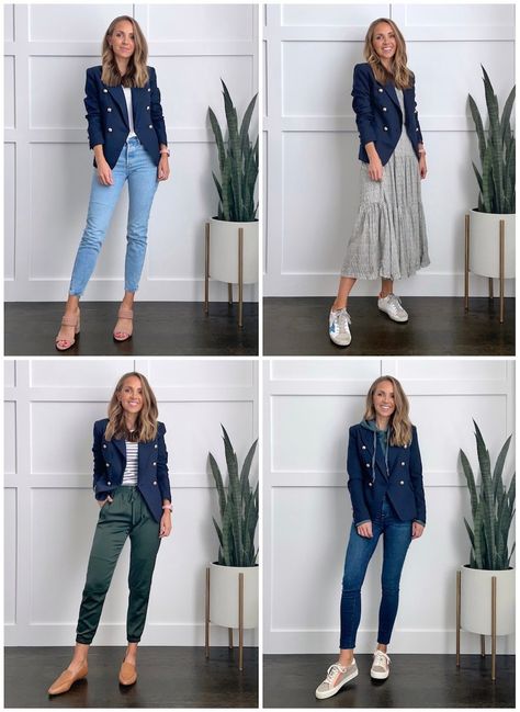 Navy Blue Blazer Outfit Women, Navy Blazer Outfit Women, Navy Blue Outfit Ideas, Navy Jacket Outfit, Navy Blazer Outfit, Blue Jean Shorts Outfit, Blazer Outfit Women, Striped Blazer Outfit, Navy Blue Blazer Outfit