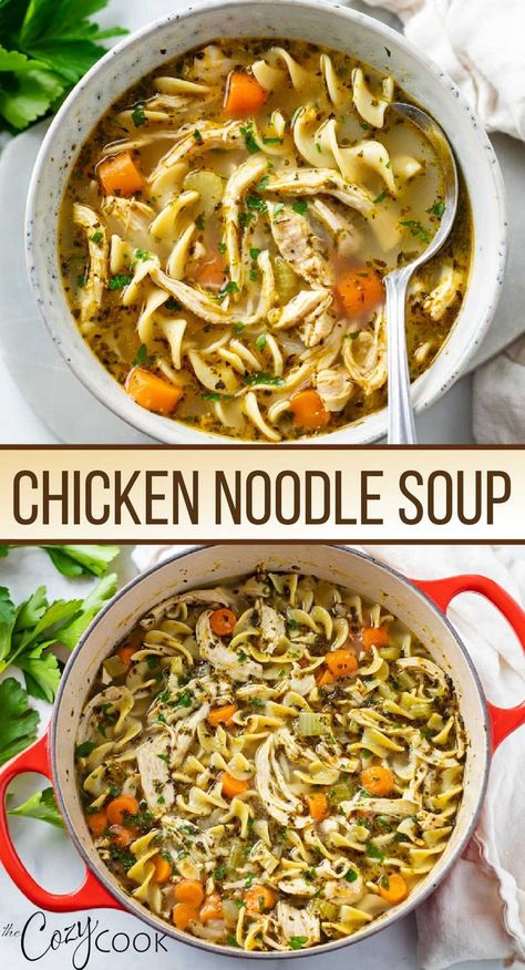 chicken noodle soup with celery carrots, shredded chicken One Pot Chicken Noodle Soup, Chicken Noodle Soup Stove Top, Simple Chicken Noodle Soup, Stove Top Soup, Chicken And Egg Noodles, Best Chicken Noodle Soup, Chicken Noodle Soup Crock Pot, Chicken Noodle Soup Easy, Cooking Chicken To Shred