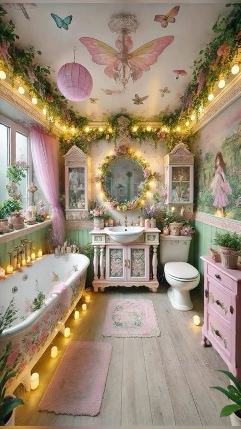 Fairy Esthetician Room, Fairycore Home Aesthetic, Pink Cottagecore Bathroom, Fairycore Interior Design, Fairycore House Interior, Fairy Garden Bathroom, Fairycore Interior, Windows Over Sink, Fairycore House