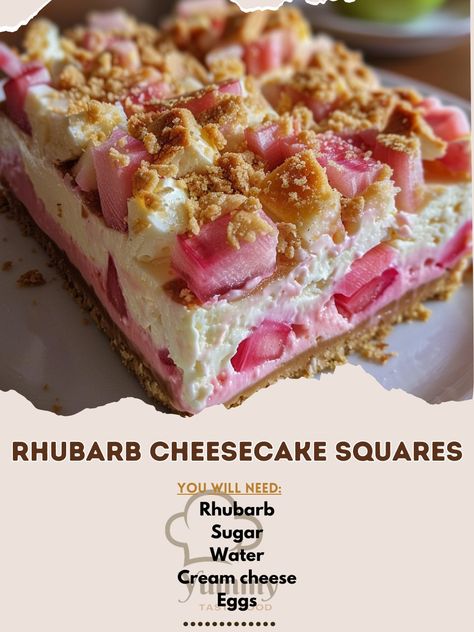 🍓 Savor the tang of spring with our Rhubarb Cheesecake Squares—sweet, tart, and absolutely irresistible! 🍽️ Rhubarb Cheesecake Squares 🛒 Ingredients: Rhubarb: 3 cups, chopped Sugar: 1 cup Water: 1/4 cup Cream cheese: 16 oz Eggs: 2 Vanilla extract: 1 tsp Graham crackers: 2 cups, crushed Butter: 1/2 cup, melted 👩‍🍳 Instructions: Base: Mix crushed graham crackers with butter, press into pan. Filling: Blend cream cheese, sugar, eggs, vanilla until smooth. Rhubarb Topping: Cook rhubarb with su... Rhubarb Cheesecake Squares, Rhubarb Cheesecake, Cheesecake Squares, Sweet Tart, Sugar Eggs, Graham Crackers, Rhubarb, 2 Cups, 1 Cup