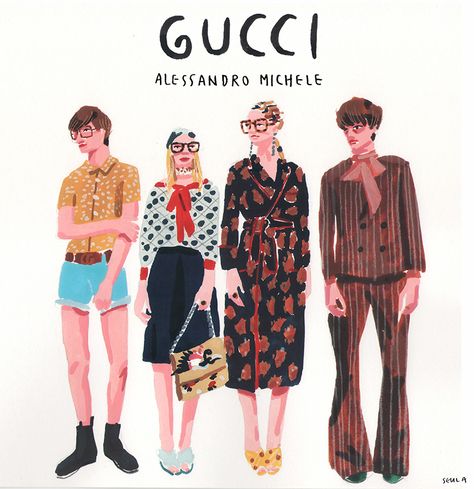 Street Style Illustration, Ootd Illustration, Gucci Aesthetic, Gucci 2015, Digital Fashion Illustration, 심플한 그림, Event Illustration, Fashion Illustration Collage, Fashion 90s