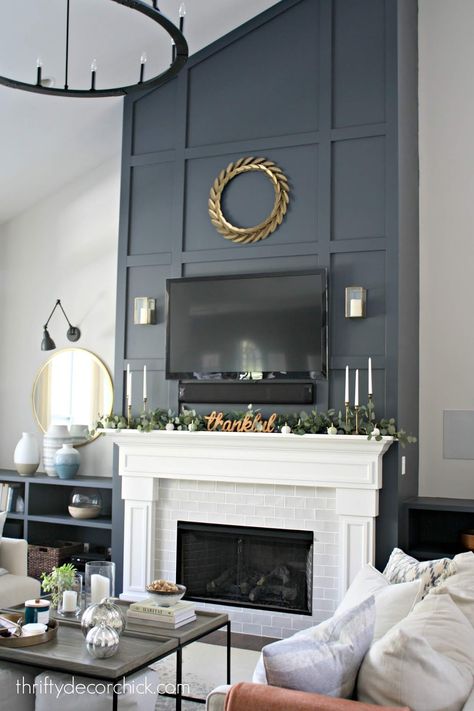 Dramatic fireplace wall makeover! from Thrifty Decor Chick Fireplace Wall Makeover, Dramatic Fireplace, Fireplace Accent Walls, Tall Fireplace, Wall Makeover, High Ceiling Living Room, Thrifty Decor Chick, Fireplace Remodel, Home Fireplace