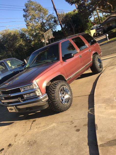 97 Chevrolet Tahoe @maroon.hoe Lifted Chevy Tahoe, 2 Door Tahoe, Truck Mods, Lifted Chevy, Lifted Chevy Trucks, Ford Pickup Trucks, Chevy Suburban, Chevy Tahoe, Chevy Pickups