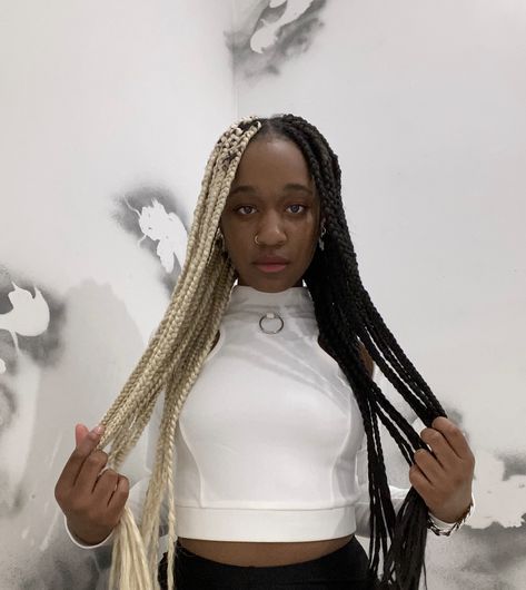 Split dyed box braids Split Dyed Hair Braids, Half Black Half Blonde Hair Box Braids, Box Braids Split Color, Split Braids Color, Half Colour Braids, Brown And White Box Braids, Half And Half Braids Black Hair, Split Hair Color Box Braids, Split Dyed Braids