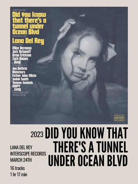 minimal aesthetic polaroid album poster for did you know that there's a tunnel under ocean blvd by lana del rey Tunnel Under Ocean Blvd, Under Ocean, Lana Del Rey Albums, Minimalist Music, Lana Del Rey Songs, Music Poster Ideas, Vintage Music Posters, Ocean Blvd, Music Poster Design