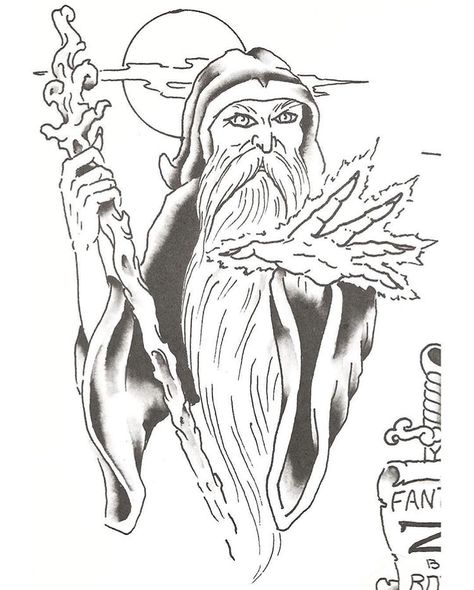 Vintage Wizard Illustration, Wizard Tattoo Flash, Wizard Tattoo Design, Hip Hop Tattoo, Wizard Tattoo, 90s Tattoos, Traditional Tattoo Flash Art, Vintage Tattoo Design, Fantasy Tattoos