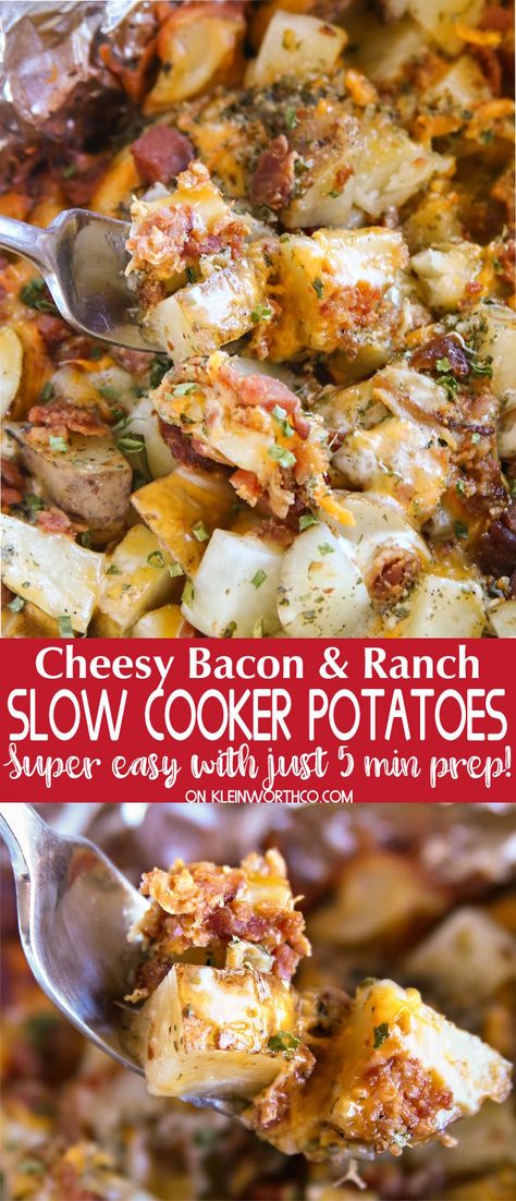 Cheesy Bacon Ranch Potatoes are a simple & easy to make slow cooker recipe. With just 5 minutes of prep, this cheesy potato goodness is great with dinner! Cheesy Bacon Ranch Potatoes, Potato Recipes Crockpot, Bacon Ranch Potatoes, Slow Cooker Potatoes, Crock Pot Potatoes, Ranch Potatoes, Cheesy Potato, Slow Cooker Recipe, Cheesy Bacon