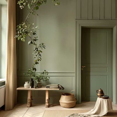 3 Hall Room Colour Combination Secrets for a Perfectly Balanced Decor • 333+ Art Images Green Walls And Ceiling Living Room, Pastel Green Hallway, Sap Green Farrow And Ball, Hall Wall Ideas, Olive Green Hallway, Green Skirting Boards, Green Entrance Hall, Green Entryway Ideas, Green Entryway Walls