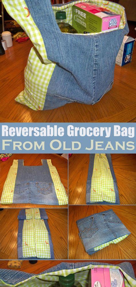 Grocery Bags Diy Reusable, Grocery Bag Diy, Bag From Jeans, Bag Diy Sewing, Diy Jeans Bag Tutorial, Diy Jean Bag, Diy Bags Jeans, Bag From Old Jeans, Denim Crafts Diy