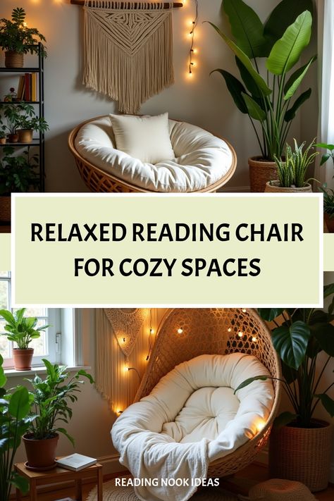 Cream papasan chair in bohemian reading corner Kallax Reading Nook, Renter Friendly Reading Nook, Reading Area In Bedroom, Chic Reading Nook, Reading Corner Ideas For Adults, Reading Nook Ideas For Adults, Nook Chair, Small Space Boho, Reading Nook Chair