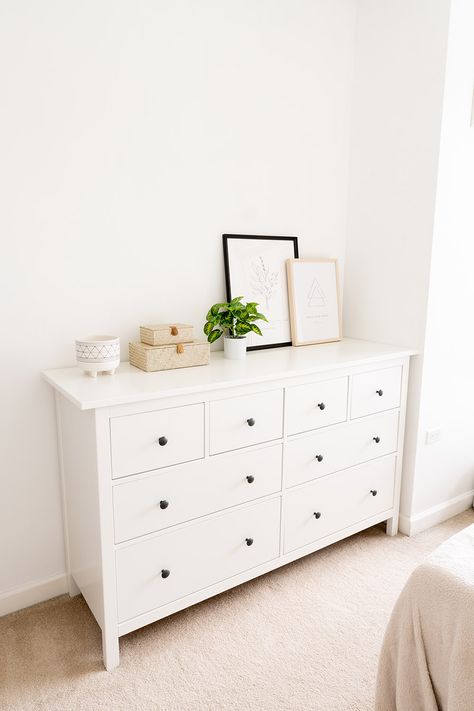 VIV & TIM Drawer Design Bedroom Modern, White Bedroom Drawers, White Ikea Dresser Bedroom, Simple Dressers Bedroom, Dresser 8 Drawer, White Dressers Bedroom Modern, Ikea Hemnes Dresser Bedroom, Bedroom Inspirations Dressers, Cute Dresser Bedroom