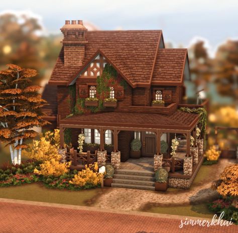 Autumn House Sims 4, Sims 4 Cosy House, Sims 4 Fall House, Sims 4 Tudor House, Sims 4 Autumn House, Sims 4 Houses Cottages, Sims Cottagecore, Sims 4 Cabin, Sims 4 Small House