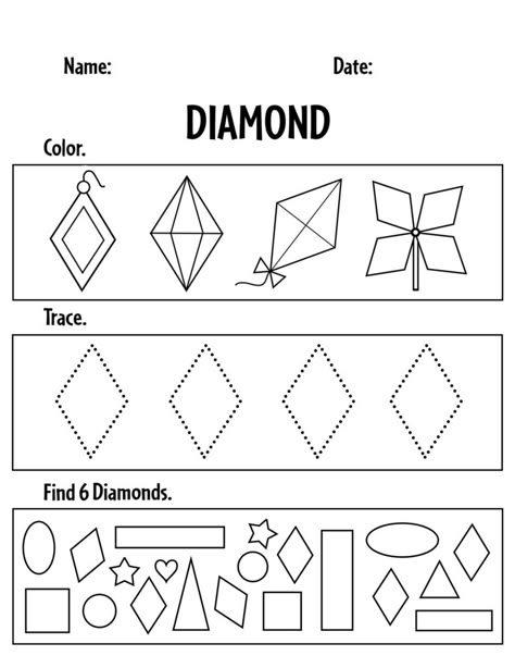 Diamond Tracing Worksheet, Diamond Craft For Preschool, Diamond Shape Worksheets For Preschool, Rhombus Worksheet Preschool, Diamond Worksheet Preschool, Diamond Shape Activities For Preschool, Diamond Shape Crafts Preschool, Diamond Crafts Preschool, Diamond Activities For Preschool