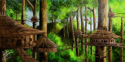 Tree City by bhaskar655 on DeviantArt Fantasy Jungle City, Forest Village Fantasy Art, Fantasy House Interior Art, Treetop Village, Fantasy Tree House, Tree House Village, Fantasy Treehouse, Tree Village, Forest Village