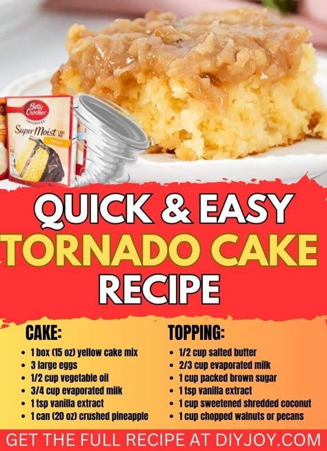 Quick and Easy Tornado Cake Recipe via @diyjoycrafts Quick Easy Baking, Tornado Cake Recipe, Hummingbird Bread Recipe, Tornado Cake, Cherry Cobbler Recipe, America Cake, Easy Cake Recipe, Easy Casserole Dishes, Boxed Cake Mixes Recipes