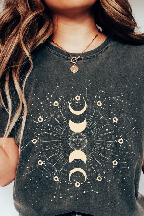 Moon Phase Astrology, Moon Shirts, Astronomy Design, Celestial Boho, Celestial Shirt, Moon Lover, Space Outfit, Boho Moon, Tshirt Design Inspiration