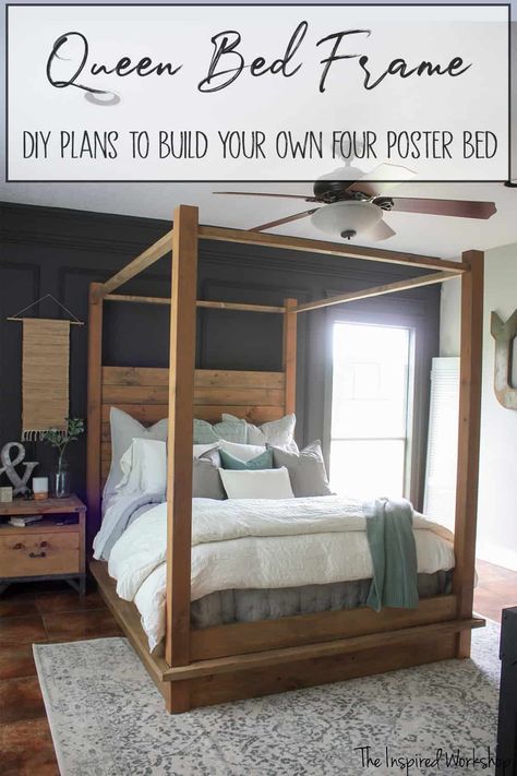 This beautiful DIY queen bed frame is inspired by a Restoration Hardware four post bed! The step-by-step instructions will help you build your own queen bed to make any bedroom in your home elegant and upscale! With modern flair and the option to make it a DIY platform bed, you can match any decor in your bedroom! via @theinspiredworkshop Wooden Queen Size Bed, Diy Queen Bed Frame, Diy Queen Bed, Build A Bed Frame, Queen Bed Plans, Homemade Bed Frame, Diy Platform Bed Frame, Queen Bed Frame Diy, Four Post Bed