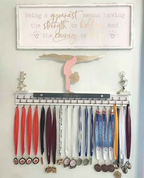 Gymnastics Room Decor, Gymnastics Medal Display, Gymnastics Bedroom, Gymnastics Decor, Violet Room, Gymnastics Room, Award Display, Medal Display, Girl’s Room