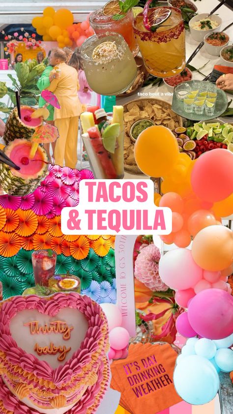 Birthday Party inspo 30th Birthday Bash, Sunset Party, 25th Birthday Parties, Vegas Bachelorette Party, 32 Birthday, Tacos And Tequila, 70s Party, Taco Party, Bachelorette Party Planning