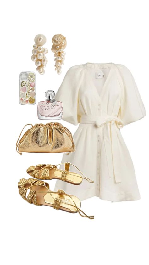 Gold small bag 2024, trendy bag, trendy gold sandals, Zara sandals 2024, white dress, summer dress, summer style ideas, white earrings Summer Style Ideas, Zara Summer Dress, Zara Sandals, Classic Style Outfits, Trendy Summer Outfits, Classy Work Outfits, Trendy Fashion Outfits, Trendy Outfit, Causual Outfits