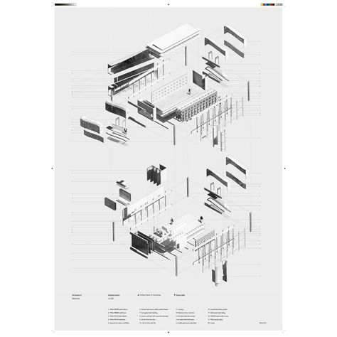 109 gilla-markeringar, 5 kommentarer - Mathias Skafte Andersen (@matskafte) på Instagram: "The Museum of Nine to Five: exploded isometric presentation board. . . . #architecture #drawing…" Exploded Axonometric Diagram, Exploded Axonometric Drawing, Exploded Isometric Architecture, Exploded Axonometric Architecture, Exploded Isometric, Exploded Axon, Exploded Axonometric, Explosion Drawing, Felix Candela