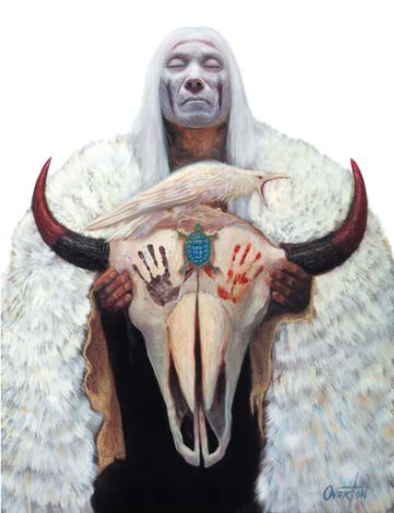 Painting of a Native American holding a bison skull with a turquoise turtle and black and red handprints. Indian Portrait, Master Of Reality, Jackson Hole Art, Cowboy Artists, Indian Artwork, Into The Void, Painting Light, Spiritual Warrior, Native American Artwork