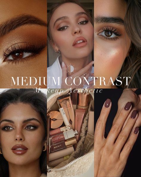 Medium contrast makeup aesthetic for those with a medium contrast level 🤎 . #contrastlevels #makeupaesthetic #coloranalysis #colouranalysis #seasonalcoloranalysis #coloranalyst Make Up For Medium Contrast, Medium Skin Tone High Contrast Makeup, Medium Skin Tone Medium Contrast Makeup, Makeup For Medium Contrast, Medium Contrast Color Palette, Medium Medium Contrast Makeup, Medium Contrast Hair Color, Low Medium Contrast Makeup, Warm Spring Makeup Looks