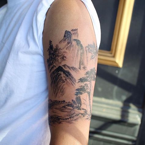 Fine Line Samurai Tattoo, Samurai Fine Line Tattoo, Japanese Scenery Tattoo, Asian Mountain Tattoo, Fine Line Japanese Tattoo, Japanese Mountain Tattoo, Mt Fuji Tattoo, Mountain Sleeve Tattoo, Ca Tattoo