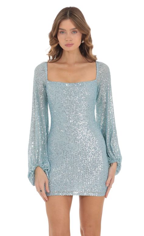 Shantelle Sequin Long Sleeve Dress in Blue | LUCY IN THE SKY Light Blue Hoco Dress, Tight Hoco Dress, Long Sleeve Hoco Dress, Winter Dance Dresses, Sequin Long Sleeve Dress, Blue Sparkly Dress, 8th Grade Formal Dresses, Long Sleeve Homecoming Dresses, Hoco Dresses Long Sleeve