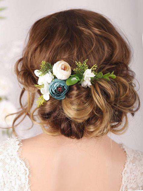 Blue And Sage Green Wedding, Rustic Wedding Hair Accessories, Green Wedding Hair, Bridal Floral Hair, Bridal Flower Hair Comb, Blue And Sage Green, Unique Wedding Hairstyles, Birdcage Veils, Rustic Wedding Hairstyles