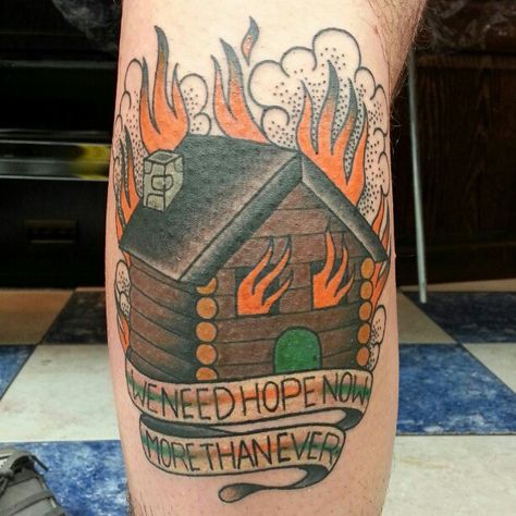 Burning House Tattoo, Cabin Tattoo, Cheltenham England, House On Fire, House Tattoo, Traditional Tattoo Old School, Burning House, Fire Tattoo, R Tattoo