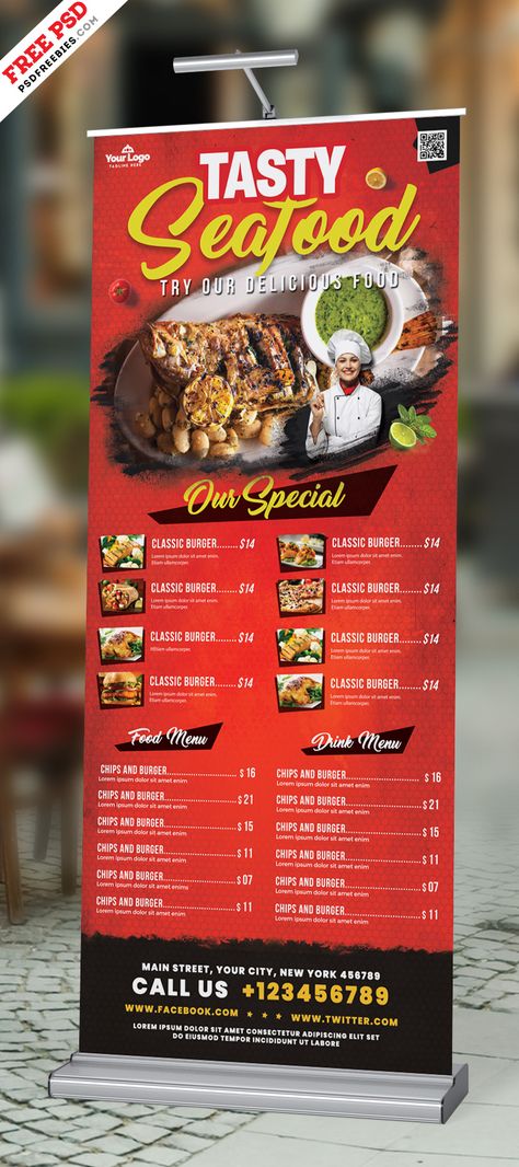 Outdoor Restaurant Food Menu Roll-up Banner PSD Resturant Menu, Rollup Design, Standing Banner Design, Roll Banner, Menu Card Design, Menu Layout, Roll Up Design, Rollup Banner, Food Banner