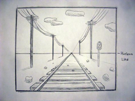 one point perspective railroad tracks 1 Point Perspective Drawing Easy, One Point Perspective Drawing Easy, Perspective Drawing Ideas, One Perspective Drawing, Linear Perspective Drawing, 1 Point Perspective Drawing, Perspective Lessons, 1 Point Perspective, Perspective Sketch