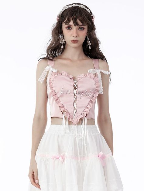 Dark in Love Princess Pink Sweet Heart Shaped Front Strap Top for Women #gothicshirts #gothict-shirts #summergoth #gothiccausalclothing #gothictops #blackgothicshirts #summergothicshirts #gothicshortsleeveshirts #womensgothictops #gothicpunkshirts Heart Corset Top, Lovecore Outfits, Princess Love, Gothic Princess, Dark In Love, Gothic Tops, Summer Goth, Gothic Shirts, Punk Design